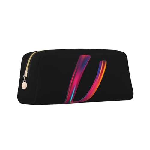 Image of Cute Initial Pencil Case for Kids Simple Leather Pencil Pouch for Boys Girls Letter Design Pencil Box Pen Bag Pencil Pouch Office Stationery Organizer, Rainbow Letter U