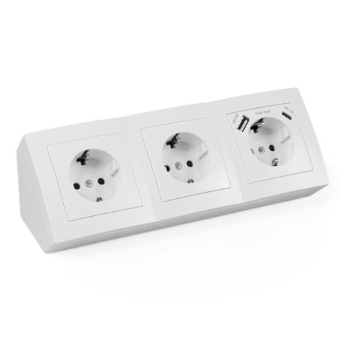 Bloque de 3 enchufes + USB A & C blanco para cocina y oficina – Regleta de alta calidad – Regleta esquinera de mesa enchufe bajo encimera