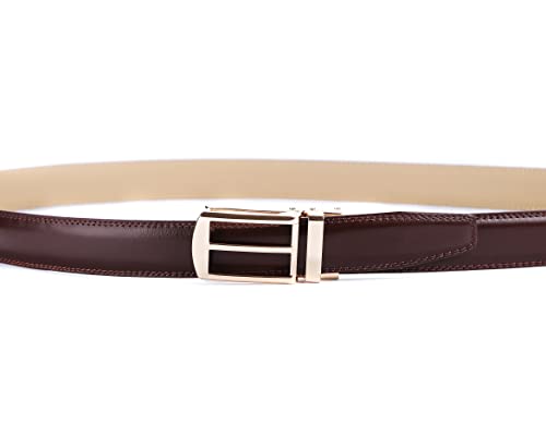 Brown Belt for Men, Leather Ratcheting Belt with Click Buckle, for Dress Pants (One Size:32"-45" Waist, Brown Leather & Gold style Metal Buckle)3