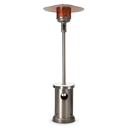 Fire Sense 48 000 BTU Outdoor Patio Heater Stainless Steel Propane Heater with LED Table Portable Patio Heater with Wheels Adjustable Heat Safety Shut Off Silver