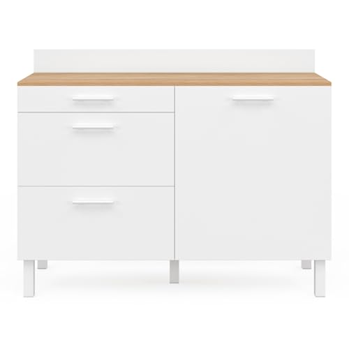 Buffet bas de cuisine 120 cm casserolier CINA plan de travail H.83 cm 1 porte + 3 tiroirs façon hêtre et - vue 6