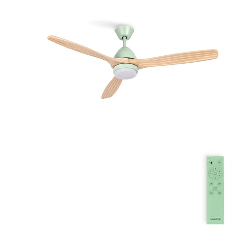 CREATE / WINDCUP/Ventilador techo con luz verde aspas madera natural con mando/Función verano-invierno, 3 temperaturas de luz, 6 velocidades, programable 1 a 4h, 2 alturas, 40W, Ø132 cm