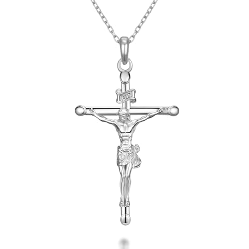 NORBU 925 Sterling Silver Crucifix Necklace for Women 20 inch Chain Womens Cross Pendant Necklaces Catholic Jesus Christian Jewelry Religious Gift for Her