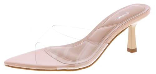 TruFox Women’s Pointed Open Toe Heels Mules Slip-On Backless Pumps Pointy Toe, Clear Nude, 9