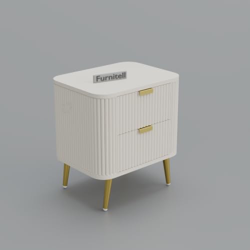 Image of Premium HDMR Wood Bedside Table with 1 Drawer & Open Storage Shelf, Fluted Nightstand with Golden Legs for Bedroom, Modern End Table, for Living Room, White Finish (18 x 14 x 18 Inch)