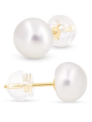 KEZEF Pearl Stud Earrings for Women 14K Real Gold Freshwater Cultured Pearl Earrings with Butterfly 14K Gold Back with Silicone