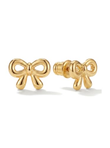 MUMREUES Gold Earrings for Women 14K Gold Plated Stud Earring Dainty Minimalist Simple Small Bow Earrings Jewelry Gift for Her