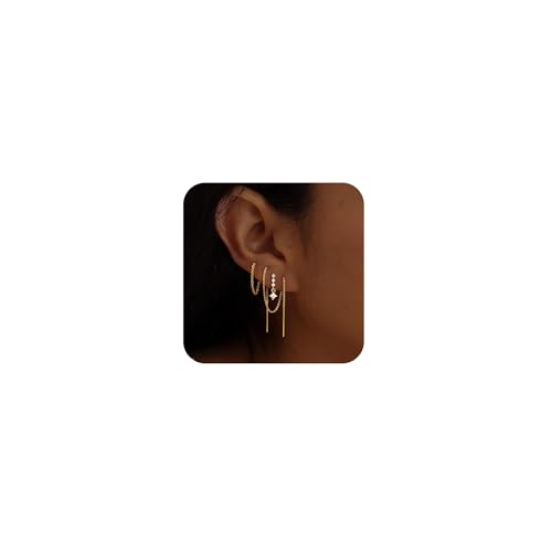 CHESKY Dangle Earrings for Women Trendy, Dainty 14k Gold Plated Threader Chain Earring Non Tarnish Hypoallergenic Double Piercing Earrings Simple Drop Dangling Dangly Earring Stacks Gold Jewelry for Women