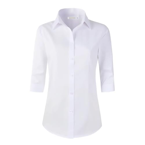 Benibos Women's 3/4 Sleeve Formal Work Wear White Button Down Shirt (226 White L)