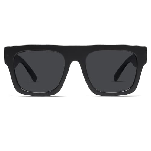 VANLINKER Trendy Square Sunglasses Mens Womens Oversized Flat Top Shades Retro 70s Rectangle Driving Sunnies VL9756 Matt Black Frame Grey Lens