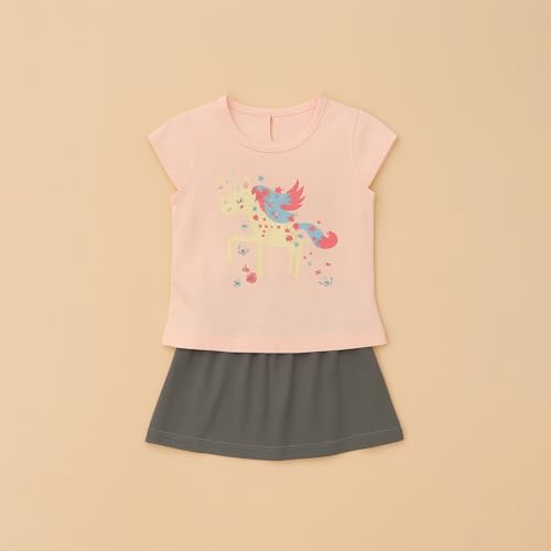 Image of Kidbea Baby Girls Cotton Top with Unicorn Print & Grey Skirt Set | Stylish Summer Clothing for Kids (Light Pink, 18-24 Months)