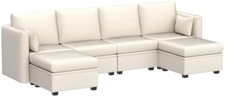 Modular Sectional Sofa with Storage, U Shaped Sectional Couch for Living Room, Convertible Modular Sofa Couch with Ottomans, High Supportive & Soft Sponge, 6 Seat, Beige