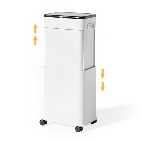 Image of Trash Can with Lid, 20L /5.3Gal Adjustable Height Kitchen Garbage Can, Trash Can on Wheels with Brakes, Plastic Tall and Slim Trash Bin for for Kitchen /Bathroom /Bedroom /Office, White