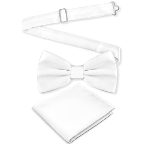 Bremorou Nœud papillon blanc pour homme - Aspect soie - Couleur unie - Réglable - Noble - Soie - Fait à la main - Double pli - Pré-noué - Pour mariage et...