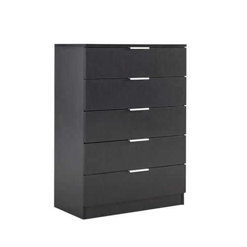 Home Source Phoenix Tall 5 Drawer Chest of Drawers, Black– Contemporary Storage Cabinet – Smooth Metal Runners & Bar Handles – 63Wx35Dx90H cm