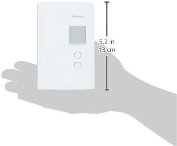 Hand holding Honeywell Home RLV3120A1005 Thermostat with dimensions labeled