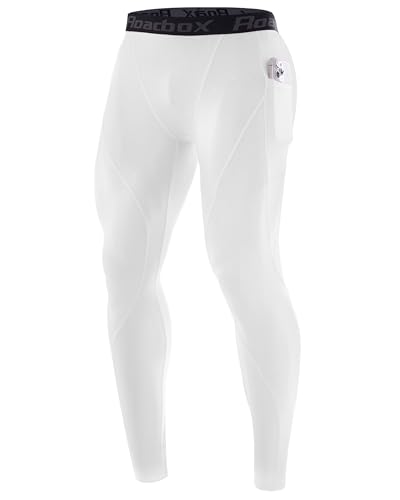 Roadbox Compression Pants Men Running Workout Leggings with Pockets Gym Basketball Athletic Tights Base Layer White