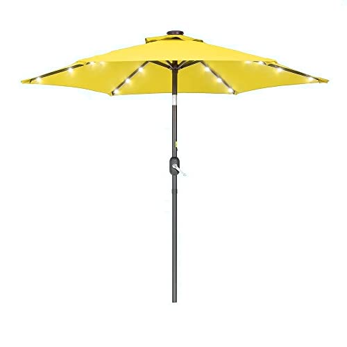 Yellow Lemon Outdoor Market Patio Umbrella With Solar Lights 9 Ft Crank Lift & Push Button Tilt | Hexagonal Shape Anti Rust Sturdy Powder Coated Frame | All Weather Water Resistant Stable Air Vent