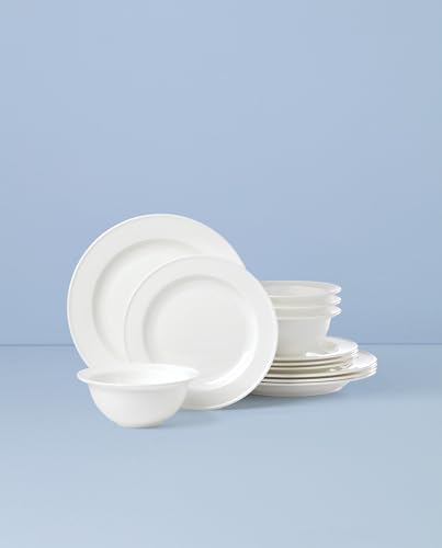 Image of Lenox Dinnerware Set, Studio 1414 Rimmed 12-Piece Set, Service For 4, Bone China Material, Dishwasher & Microwave Safe, Home And Kitchen, Kitchen And Dining, Plates And Bowls Sets (White, 12 Pieces)