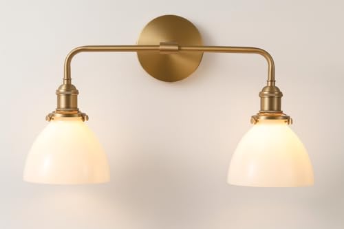 Image of Gold Bathroom Vanity Light, Farmhouse Vintage Vanity Fixture with 2 Light Milk Glass, Brushed Gold Bathroom Light Fixtures (Bulb Included)
