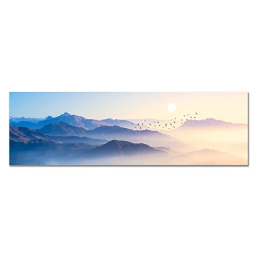 Pinturas de paisajes Montaña azul y pájaros Cuadros Decoración de arte de pared extra larga Impresiones de arte en lienzo para sala de estar 40x120cm (16inx48in) Arte de pared con marco interior Cover