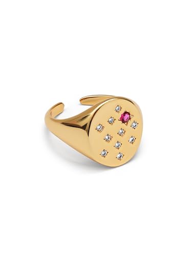 SINGULARU - Anillo Sello Rosa. Latón con Baño en Oro de 18 Kt y Circonita. Joyas Para Mujer.