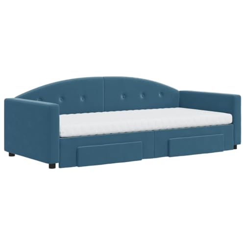 Tagesbett Ausziehbar mit Schubladen Blau 90x200 cm, Samt-Sofa mit 2 Matratzen, Metall-Holzrahmen für Gästezimmer, Modernes Schlafsofa – Bild 4