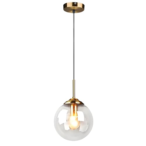 Image of HJXDtech Industrial Vintage Glass Globe Ceiling Pendant Light with Brass Finish,E27 Hanging Lamp for Kitchen, Dining Room & Living Room - Transparent, 1-Light