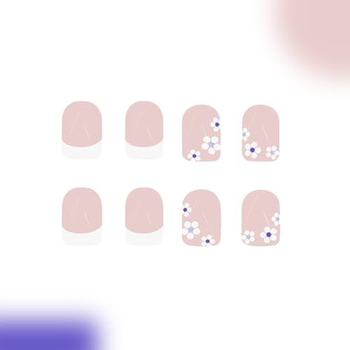 Tyuimhx White French Tip Press on Nails Short Square Fake Nails White Flowers False Nails Glossy Full Cover Stick on Nails Acrylic Floral Artificial Nails for Women Glue on Nails 24 Pcs