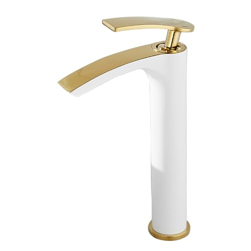 Miscelatore a Cascata Lavabo Bagno Monoforo Caldo E Freddo Rubinetteria Bagno Alto Rubinetto Monocomando In Ottone,bianco+oro,alto