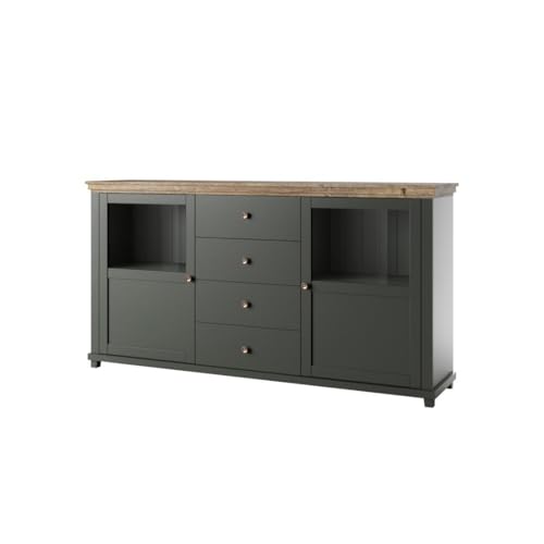 Buffet 180Cm Con Led Integrate Collezione Assia. Colori Verde E Rovere. 2 Porte E 4 Cassetti.