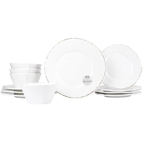 Vietri Melamine Lastra White 12-Pc Unbreakable Dinnerware Set with Pasta Bowls & Dinner Plates Cover