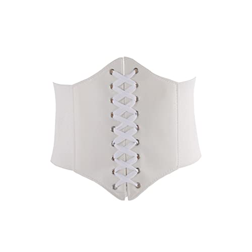 Leather Elastic Waist Belts Womens Vintage Lace-up Corset Cinch Waist Band Waspie Elastic Retro Tied Wide Belt Bandage Elasticity Girdle Wrap for Costume - White3