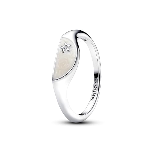 PANDORA ME Anillo de sello dividido de plata de ley con circonita cúbica transparente y esmalte blanco brillante, talla 58