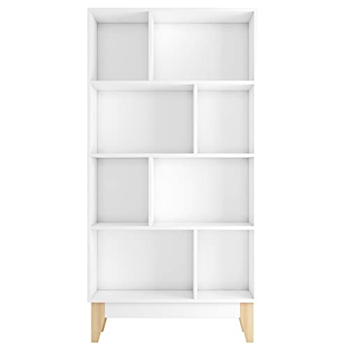 Bibliothèque Étagère de Rangement à 4 Niveaux Haut Meuble de Rangement avec 8 Cubes Bibliotheque Scandinave Blanche Pieds Bois pour Bureau Salon Chambre 75x29.5x147.5cm