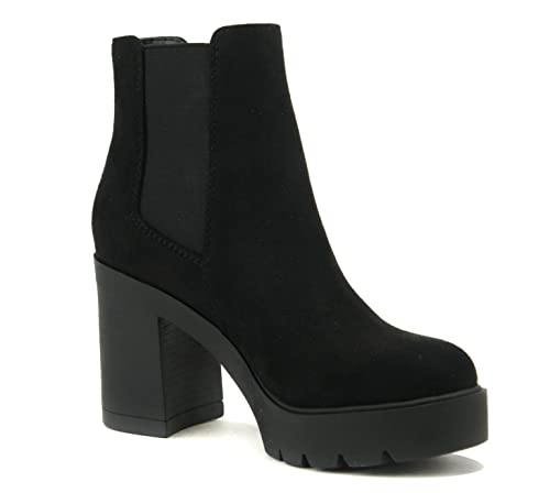 Soda Editor ~ Women Lug Sole High Heel Chelsea Fashion Ankle Boot W/Double Elastic Gore (10, Black Imit Suede, Numeric_10) #TOP1