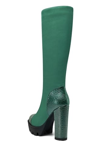 HDEUOLM Womens Chunky Block High Platform Heel Round Toe Mid Calf Knee High Boots Zipper Patchwork Dress Party Winter 4.7 Inches Heels3