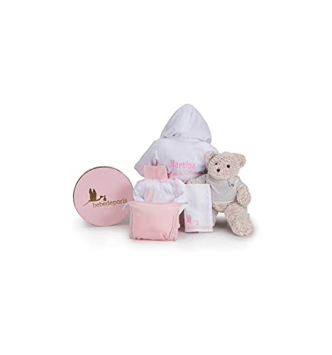 Canastilla Bebé para Recién Nacida con Albornoz Personalizado con el nombre Bordado, Body, Neceser, Funda Muselina y Oso de Peluche (Rosa) | Cesta de nacimiento. (3 meses/1 año)