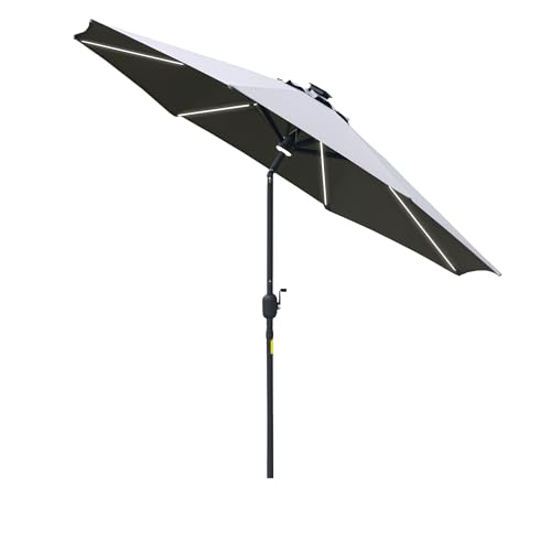 Outsunny 2.7m Garden Parasol Sun Umbrella Patio Summer Shelter w/LED Solar Light, Angled Canopy Vent, Crank Tilt, Grey