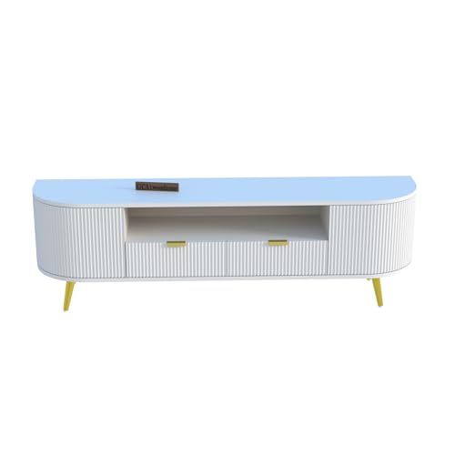 Image of 60L x 16W x 22H Inches Solid Wood TV Unit for Living Room | Modern TV Stand for 55-65 Inch TV | Free Standing Entertainment Cabinet with 2 Drawers (White)