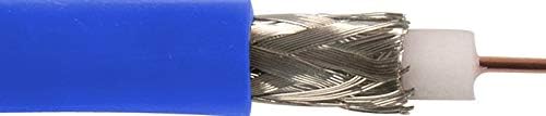 Skerspjūvis view of Canare L-4CFB coaxial cable showing blue outer jacket, braided shield, white dielectric, and copper center conductor.