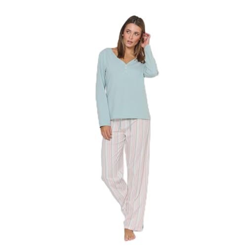 TRAMAS+ Pijama Mujer 100% algodón Cuello Pico, Pijama Largo Mujer, Conjunto de Camiseta Manga Larga y Pantalón Largo con Cintura Ajustable, Conjunto para Mujer   M, R Serena, Verde Azulado