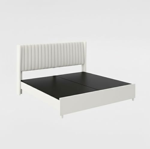 Image of APRODZ King Size Bed | Upholstered Bed Frame with Channel Tufted Headboard | Bed King Size Wooden Legs | Double Bed King Size Without Storage | Bedroom Furniture | Beige Fabric & Black Wooden Legs