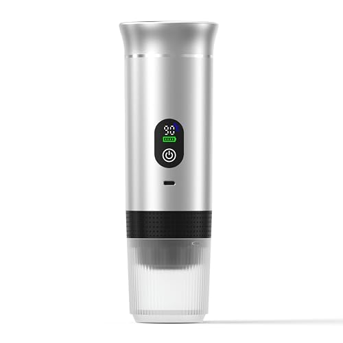 AMAZTECH Cafetera Portátil Espresso 3 en 1 – Compatible con Cápsulas Universal NS DG y Café Molido, Pantalla LCD, Recargable Inalámbrica, Compacta para Viajes, Camping y Hogar (Plata)