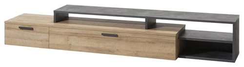 Mobile Porta Tv della Linea VITTORIA con 1 Cassetto 3 Vani e 1 Ribalta Tv da Terra LxAxP 270.50x44.90x45 cm Colore Rovere e Grigio Tadao Made in Italy