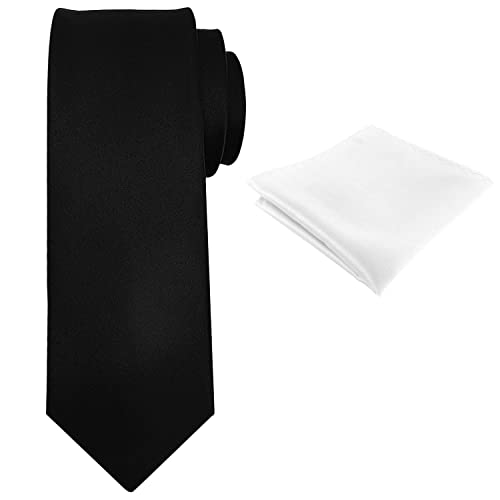 Pensee Men's Black Tie Set Solid Pure Color 3.15" (8Cm) Classic Formal Plain Necktie And White Pocket Square Set For Men #TOP9