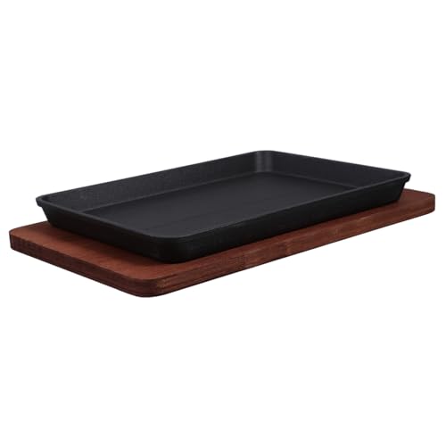 VALICLUD Piastra Teppanyaki Quadrata in Ghisa Grande 23,2x17,5 Cm Con Base in Legno Per Bistecche, Griglia Elettrica e Cucina Domestica, Padella Resistente Per Carne e Pesce, Per Riunioni e Catering