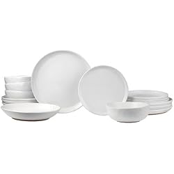 Sango 16-Piece Boho Farmhouse Stoneware Dinnerware Set for 4, Semi-Matte White Plates and Bowls Sets with Rustic Speckled Glaze, Ceramic Dish Set, Modern Dishes, Microwave & Dishwasher Safe, Kaya
