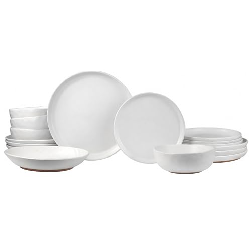 Sango 16-Piece Boho Farmhouse Stoneware Dinnerware Set for 4, Semi-Matte White Plates and Bowls Sets with Rustic Speckled Glaze, Ceramic Dish Set, Modern Dishes, Microwave & Dishwasher Safe, Kaya