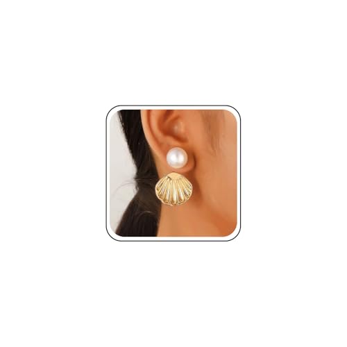 TseenYi Perlenmuschel Ohrringe Gold Kaurimuschel Ohrringe Vintage Perlenstecker Ohrringe Muschel Tropfen Perlen Ohrringe Statement Perle Ozean Muschel Ohrringe